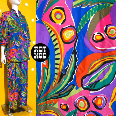 Vibrant Vintage 80s 90s Colorful Abstract Tropical Patterned Two-Piece Silk Pants Set 