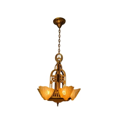 Art Deco Lightolier “Stylux” Chandelier for Tall Ceilings, with Original Finish, 1930s 1920s #2333 