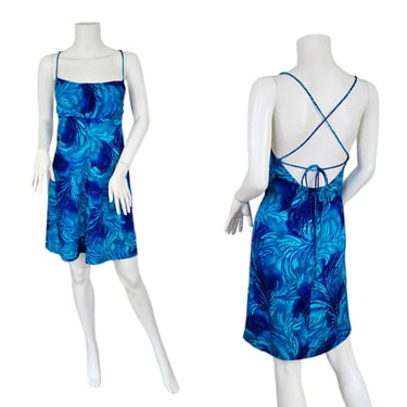 Fumi's Hawaiian Blue Psychedelic Chrysanthemum Floral Print Short Dress I Sz Med I Barkcloth 