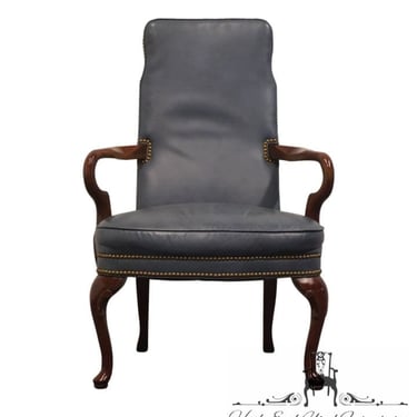 HICKORY CHAIR Co. Solid Mahogany Traditional Style Dining Arm Chair w. Studded Blue Leather - Amber Finish 