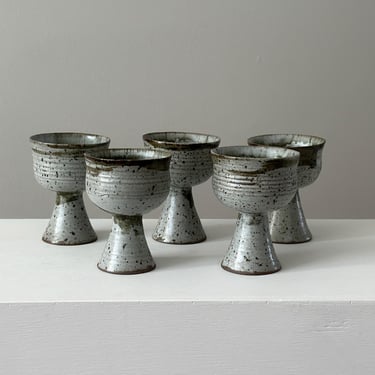 Vintage Handmade Pottery Goblets Set of 5 Speckled Ceramic Wine Cups 