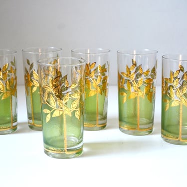 Mid Century Collins Glasses in 22K Gold and Green Tree Pattern by Culver - Set of 6 