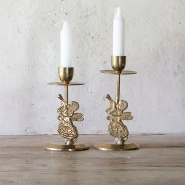 Pair of Angel Candle Holders, Vintage Set of Two Solid Brass Candlestick Holders, Christmas Tapers 