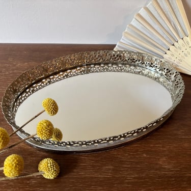 Vintage Oval Vanity Mirror Filigree Tray | Hollywood Regency Makeup Perfume Tray | Intertwined Floral Edge | Gold Silver Glamour 