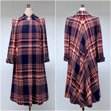 Vintage 1940s Plaid Wool Swing Coat, Late '40s Flare Back Overcoat, Red White & Blue Post WW2 Winter Outerwear, Volup Size XL 42" Bust, VFG 