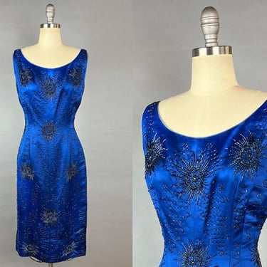 1950s Beaded Dress / 1950s Cobalt Blue Beaded Silk Satin Cocktail Dress / 1950s Bombshell Dress / Carnival Beads / Size Medium 