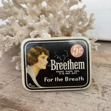 1931 Vintage Breethem Tin, Small Tin Litho Breath Mint Tin, Lady On Front Of Tin, 5 Cents, Bathroom Decor, Small Tin Collector Gift 