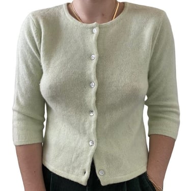 Vintage Womens Pistachio Green Angora Lambswool Blend Preppy Cardigan Sz M 