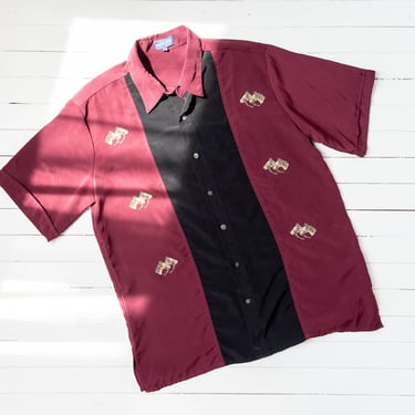 embroidered horse shirt | 80s 90s vintage burgundy black horse equestrian embroidery unisex button down shirt 