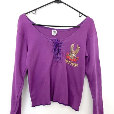 Vintage 90s Purple Long Sleeve Lace-Up Eagle And Rose Bike Week Tee 