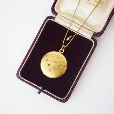 Antique Art Deco Gold-Fill Locket | Circle with Rhinestones/Emerald 