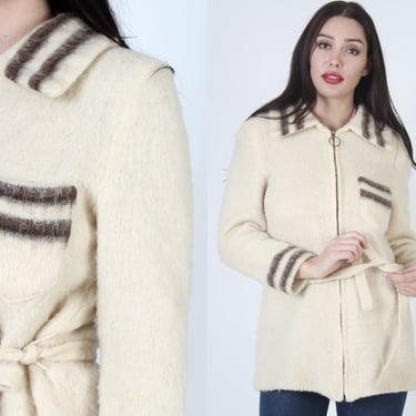 Polarknit Zip Up Icelandic Belted Jacket / Nordic Sheeps Wool Coat / Vintage 70s Norwegian Arctic Lined Winter Sweater With Belt 