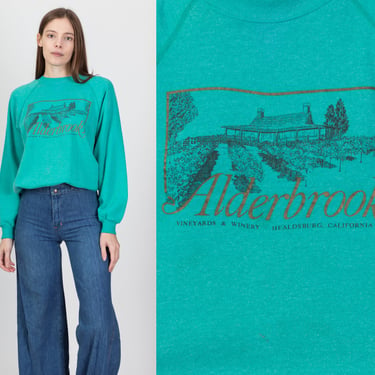 80s Alderbrook Winery Sweatshirt - Men's Small, Women's Medium | Vintage Teal Raglan Sleeve Vineyard Graphic Tourist Pullover 