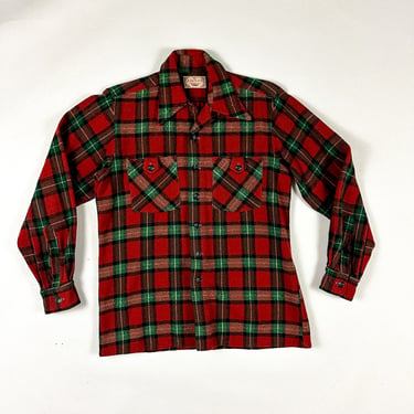 1940s Airman Sportswear Red and Green Plaid Wool Shirt / Loop Collar / Military / 40s / Menswear / Warm / Small / Medium / Holidays 