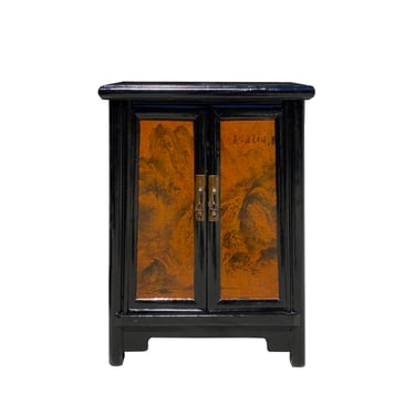 Chinese Distressed Black Yellow Scenery Graphic End Table Nightstand cs7348E 