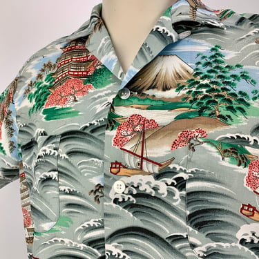 1950's Hawaiian Shirt - PENNEYS LABEL - Rayon Screen Printed - Loop Collar  - Made in Japan - Men's Size Medium 