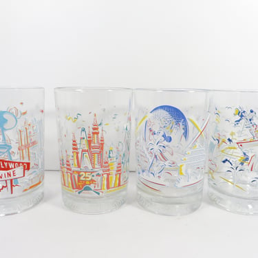 Vintage Disney World Cartoon Glasses - Four Disney World 25th Anniversary Promotional Glass Tumblers 