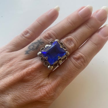 sterling silver ring, cobalt blue, Mexico, statement ring, vintage ring, size 7 1/2, huge, square cut, Mexican silver, right hand, cocktail 