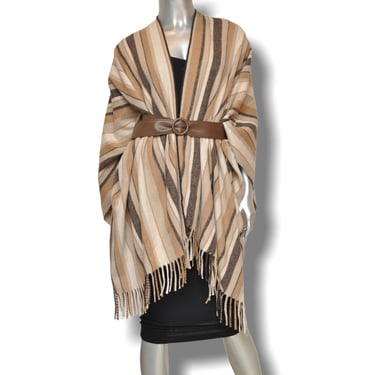 Vintage Cape Shawl Beige Brown Striped Neutral Winter Wrap Scarf Poncho Wool Blend Fringe Made in Italy 