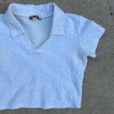 Vintage 90s White Daisy Floral Cropped Short Sleeve Polo USA Top 