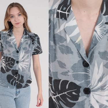 Grey Hawaiian Blouse 80s Tropical Floral Shirt Puff Sleeve Button Up Top Hibiscus Flower Monstera Leaf Print Black White Vintage 1980s Small 