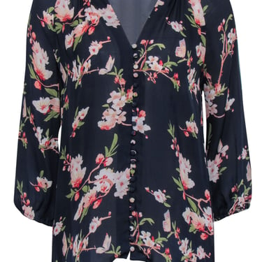 Joie - Navy Sheer Floral Print Button Down Silk Blouse Sz M