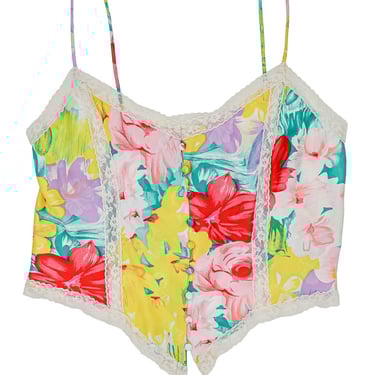 victoria secret gold label colorful floral camisole size medium vintage tank top 1990s y2k sexy top lace lingerie white sweetheart neckline 