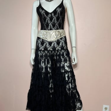 Vtg 1970s 1980s Black Lace Tiered Ruffle Maxi Dress 