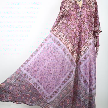 Vintage 70s Pink Floral Silk Caftan Maxi Dress Boho Bohemian Hippie Hippy Woodstock Cruise Vacation Summer Resort 