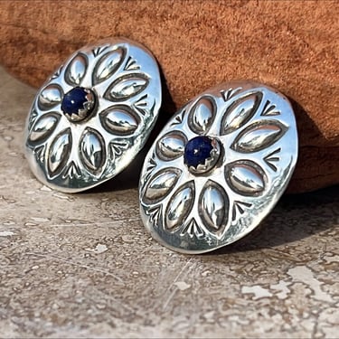 Benny Pinto ~ Vintage Navajo Round Sterling Silver and Blue Lapis Concho Clip On Earrings 