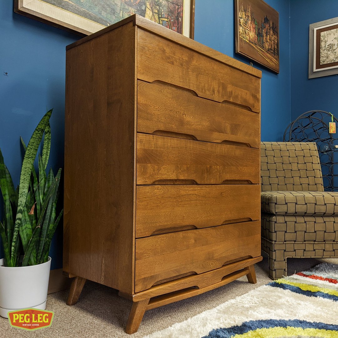 MidCentury Modern walnut highboy dresser with insert finger pulls