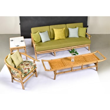Restored Ficks Reed Far Horizons Mid-Century Modern Campaign Style Asian Rattan Living Room Set 