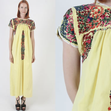 Yellow Cotton Oaxacan Maxi Dress, Vintage Floral Hand Embroidery, Authentic Long Mexican Puebla Outfit 
