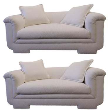 Menage White Boucle Loveseats Pair 1980's Contemporary Modern 