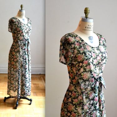 90s Vintage Floral Print Dress Size Medium// Vintage Sheer Floral Print Maxi Dress Size Medium Grunge 90s Flower Print Dress 