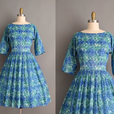 Vintage 1950s Dress | Blue Floral Print Full Skirt Dress | Medium 