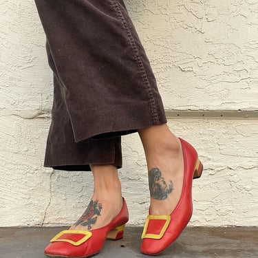 1960s red and yellow heels by Town and Country, size 8 