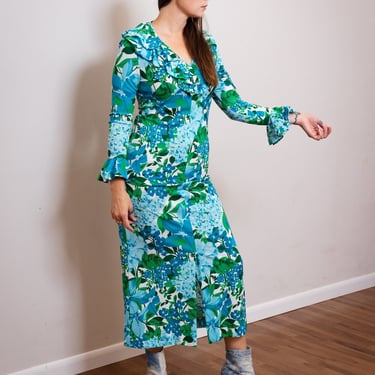 Size M, 1970s Green & Turquoise Tropical Floral Ruffled Maxi Dress 