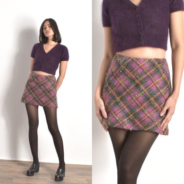 Vintage 1990s Skirt / 90s Plaid Wool Mini Skirt / Purple Pink ( small S ) 