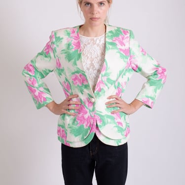 Vintage Christian Dior 1990s Floral Watercolor Quilted Blazer with Peplum + Structured Shoulders Woven sz S M L 