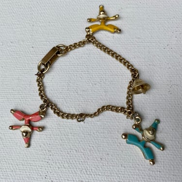 Mid Century Child's Dime Store Bracelet, Colorful Clowns, Abstract Clown Designs, Missing Bell, Clasp Nonfunctioning 