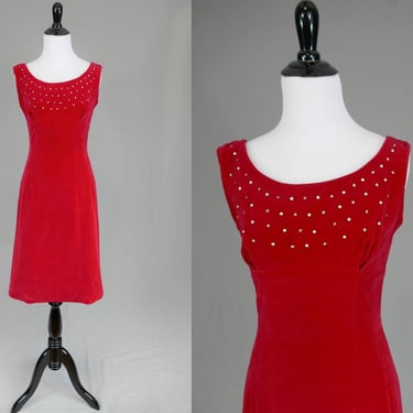 60s Red Velveteen Dress - As Is for costume - Rhinestones - Sleeveless Velvet Dress - Vintage 1960s - S 