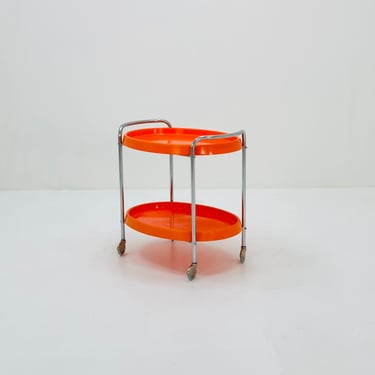 Space Age oval Vintage Orange Plastic Chromed Bar Cart/trolley 1970s, Italy  