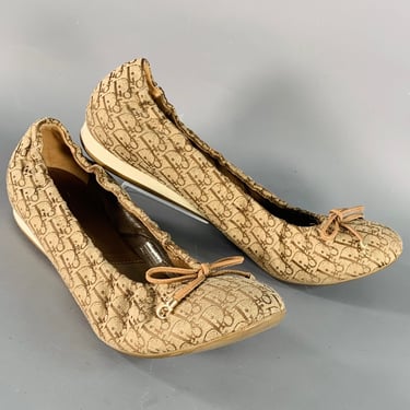 CHRISTIAN DIOR Size 9.5 Tan Brown Canvas Oblique Monogram Slip On Bow Flats