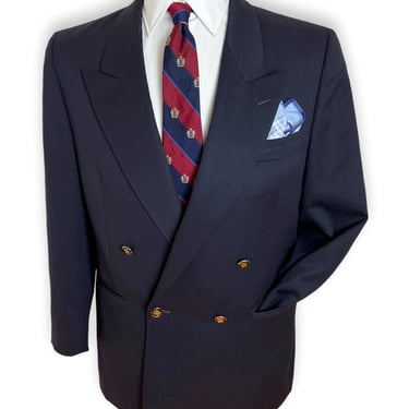 Vintage Wool Gabardine Double-Breasted Blazer ~ size 37 S ~ jacket / sport coat ~ Navy Blue ~ Brass Buttons ~ 36 to 38 Short 