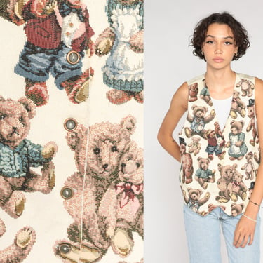 Teddy Bear Vest 90s Button up Tapestry Vest Retro Grandma Mom Sleeveless Top Cute Girly Kawaii Teddies Shirt Vintage 1990s Medium Large 