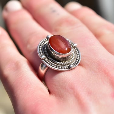 Vintage Bohemian Sterling Silver Carnelian Cabochon Ring, Woven Silver Setting, 925 Statement Ring, Size 6 3/4 US 