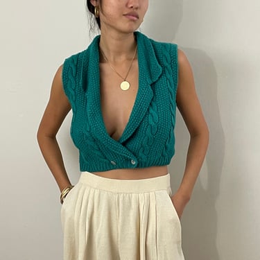 70s hand knit sweater vest / vintage teal wool handknit double breasted cable knit collared waistcoat sweater vest | Small 