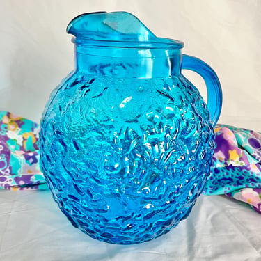 Blue Glass Pitcher, Textured Glass, Mid Century Glassware, Anchor Hocking, Sustainable Living, Sustainable Home Decor 