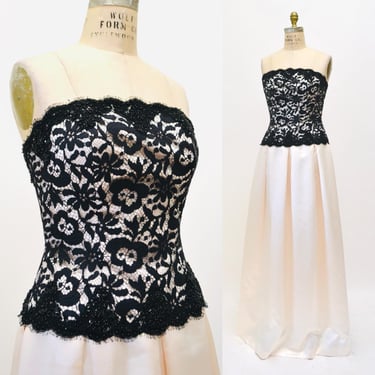 90s 00s Vintage Strapless Wedding Gown Dress Black and White Lace Beaded Strapless Dress // Vintage Strapless Dress Small Saks Fifth Avenue 